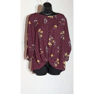 Pink Republic Burgundy Floral Blouse Button Tab Sleeve Twisted Front Top Medium